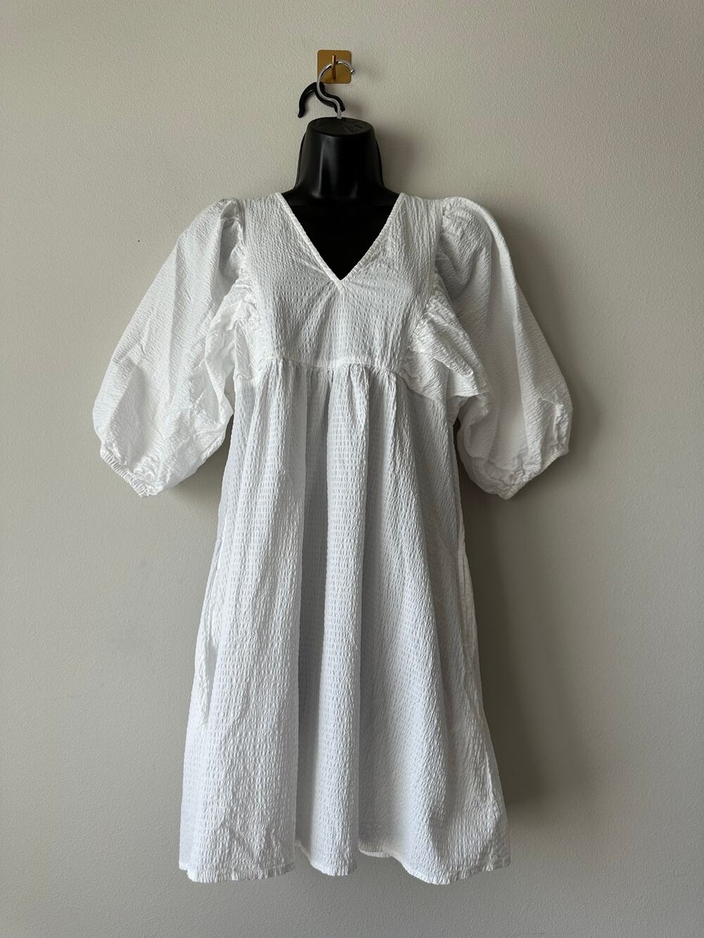 A New Day White Seersucker Puff Sleeve Mini Dress Size Small Cottagecore
